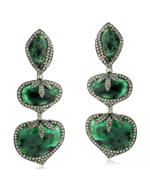 Artisan Green Natural Emerald & Diamond In 18k Yellow Gold With Silver Unique Dangle Earrings