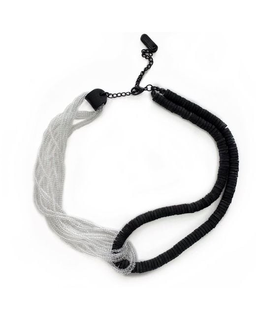 WAIWAI Black Interlock Leather And Glass Bead Necklace