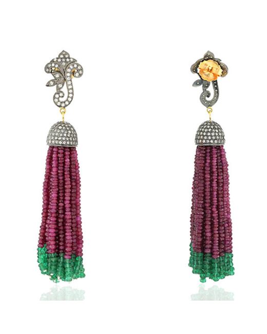 Artisan Red 18k Sterling Silver In Pave Diamond & Emerald With Ruby Beaded Tassel Earrings