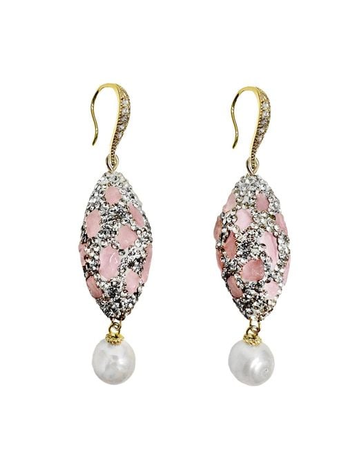 Farra Metallic Rose Quartz Rhinestone And Freshwater Pearls Earrings