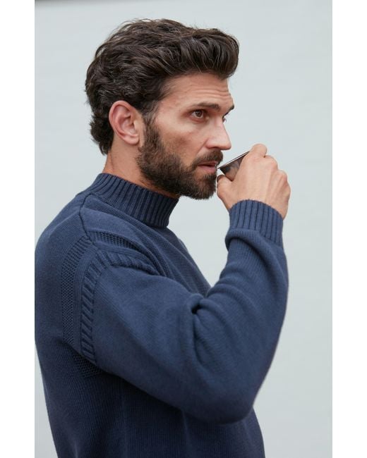Paul James Knitwear Blue Midweight Cotton Linen Sark Mock Neck Gansey Jumper for men
