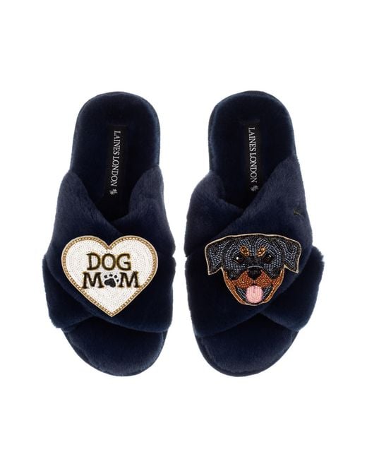 Laines London Blue Classic Laines Slippers With Dog Mum Mom & Rottweiler Brooches
