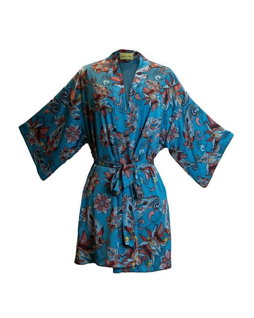 Janara Jones Blue Floral Paisley Print Satin Long Sleeve Short Robe
