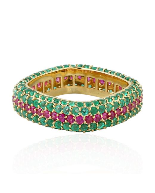 Artisan Green Solid Yellow Gold Natural Emerald Ruby Band Ring Handmade Jewelry