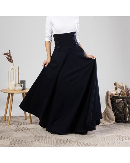 Nikka Place Blue Empire Waist Maxi Wool Skirt With Double Row Buttons