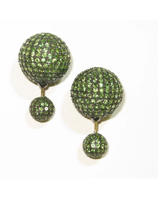 Artisan Green Tsavorite Gemstone Pave In 18k Gold & Silver Double Side Earrings