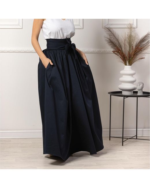 Nikka Place Blue Long Flared Skirt With High Waist & Front Bow