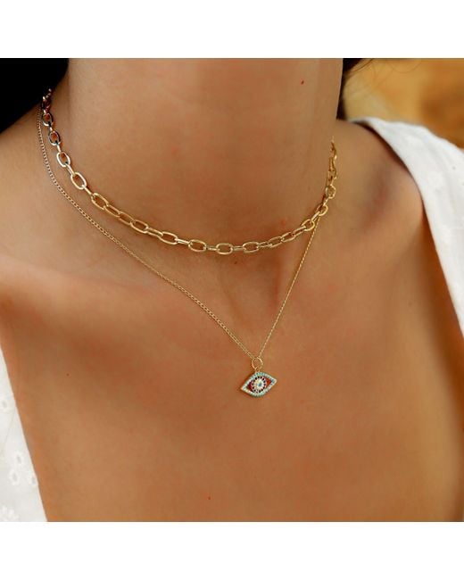 Lexi Jewelry Metallic Evil Eye Necklace With Cubic Zirconia & Aquamarine Colored Accents