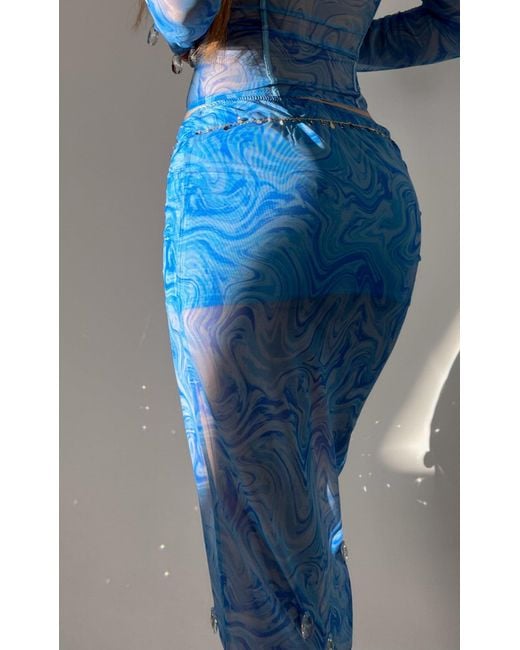 Empress Mimi Blue Siren Song Ruched Skirt With Wave Print
