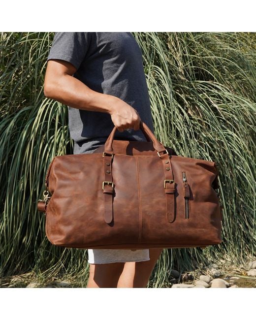 Touri Brown Zip Detail Genuine Leather Holdall Weekender for men