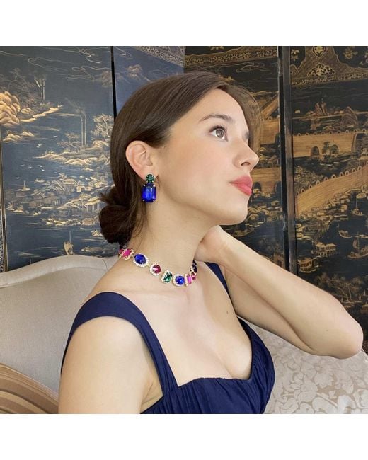 Michael Nash Jewelry Blue Adelle Dark Sapphire Crystal Octagon And Emerald Round Stone Drop Earrings