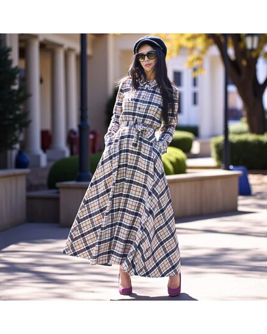 Adrenaline Fashion Black Neutrals Elegant Long Plaid Dress – Designer Dress