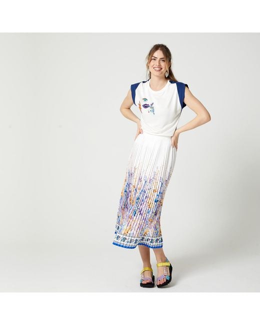 Lalipop Design Blue Floral-Print Pleated Recycled Fabric Maxi Skirt