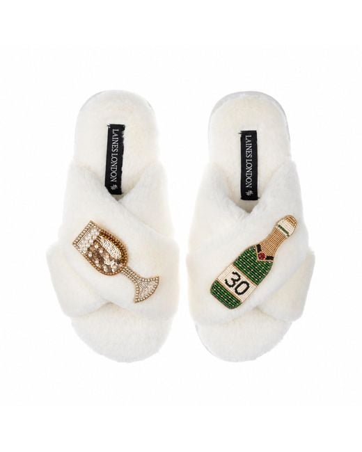 Laines London White Neutrals Classic Laines Slippers With Champagne & Glass 30Th Birthday Brooches