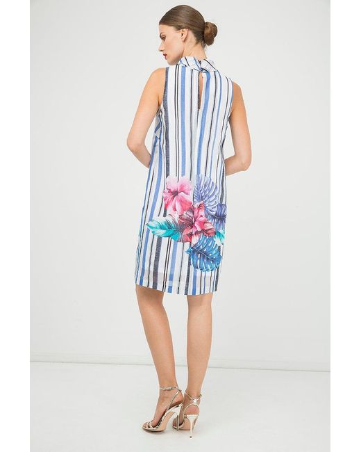 Conquista White Print Sleeveless Dress With Upright Collar