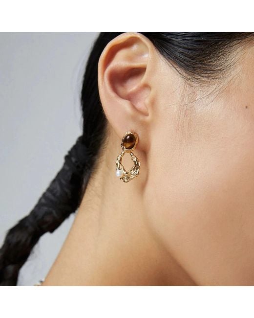 Angel Barocco Metallic Tiger Eye & Pearl Sculptural Drop Earrings – Vermeil