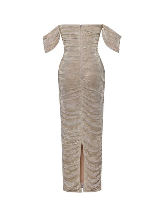 Miss Circle New York Metallic Gene Ruched Off Shoulder Chiffon Dress