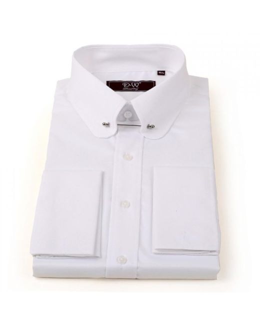 DAVID WEJ Blue Pin Collar Double Cuff Fine Herringbone Shirt – for men