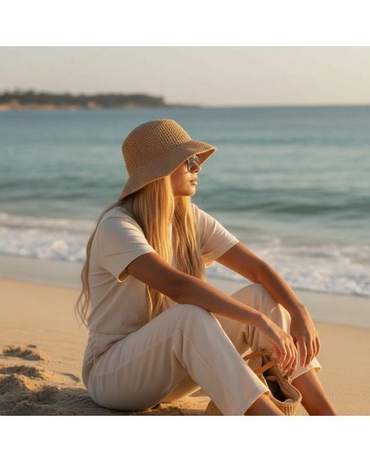 Springmoonatelier Brown Neutrals Luxury Handmade Raffia Crochet Bucket Hat – Premium Cream Butterfly
