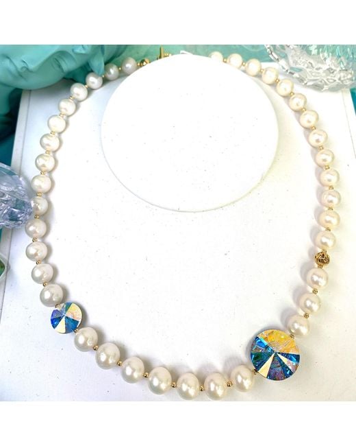 Farra Metallic Freshwater Pearl With Round Swarovski Crystal Short Necklace
