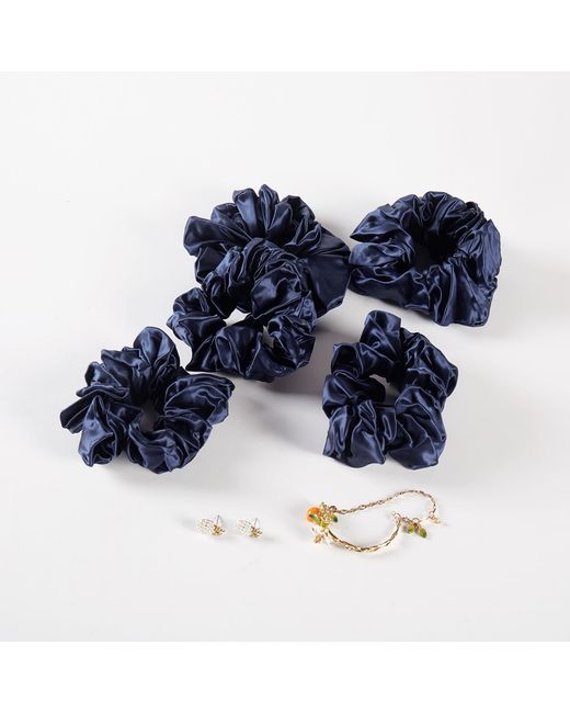 Soft Strokes Silk Blue Pure Mulberry Silk French Scrunchie Set Of Five
