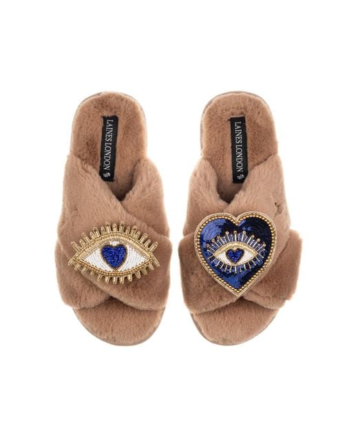 Laines London Brown Classic Laines Slippers With Double Heart & Love Eye Brooches