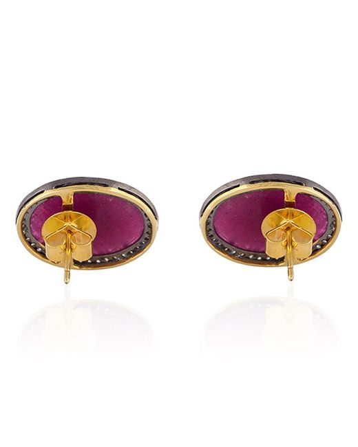 Artisan Purple Oval Ruby Pave Diamond 18k Gold 925 Sterling Silver Stud Earrings