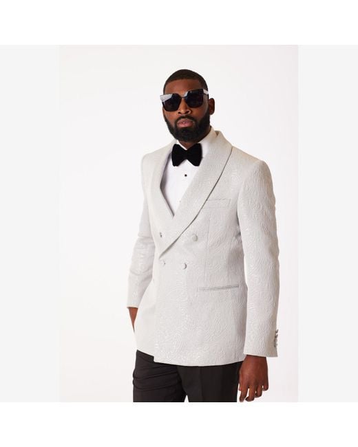 DAVID WEJ Gray Neutrals Kensington Double Breasted Shawl Lapel Jacquard Blazer for men