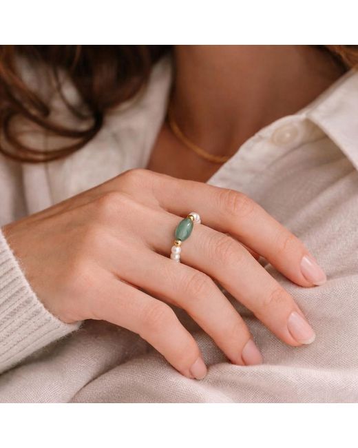 seree Metallic Isa Jade And Beaded Pearl Stretch Ring