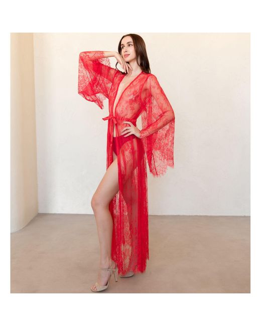 KÂfemme Red Sexy Lingerie Peignoir Lace Kimono Robe