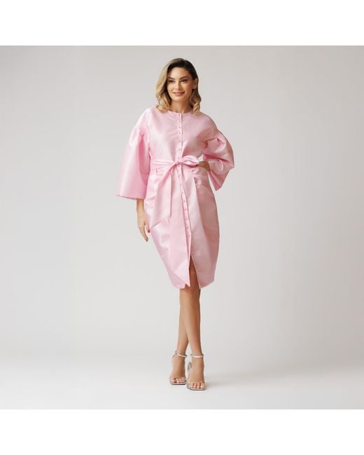 concept A trois Pink Pale Taffeta Dress With Puff Sleeves And Pleats