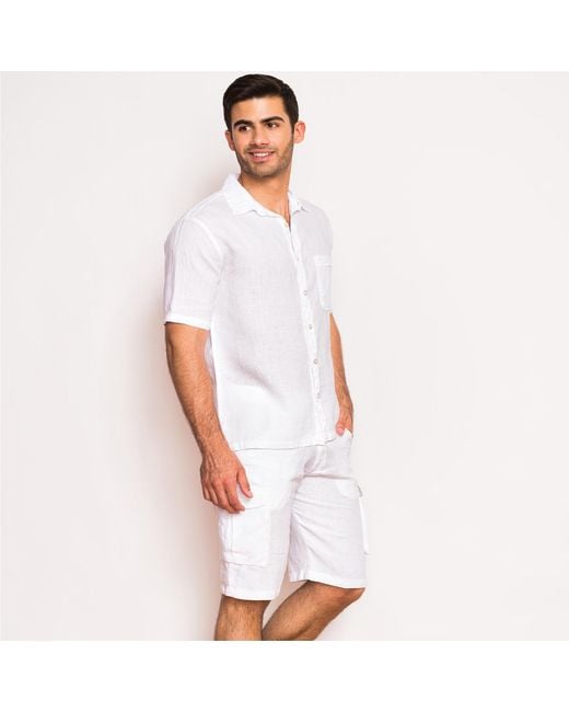 Haris Cotton Natural Neutrals Short Sleeved Front Pocket Linen Shirt-Beach Sand for men
