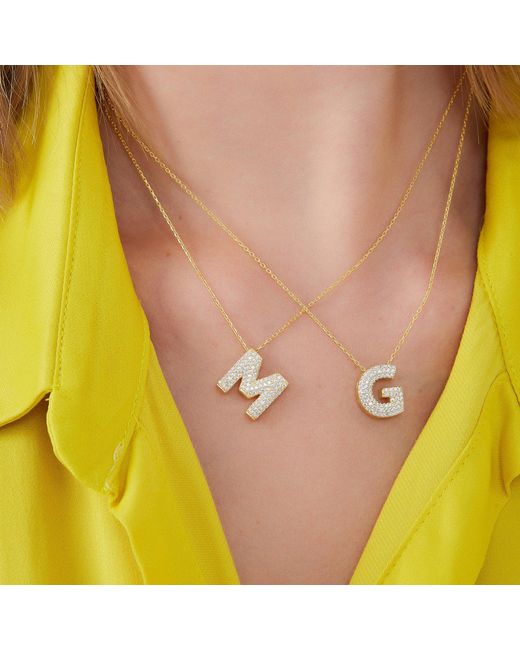 Spero London Metallic Pave Balloon Bubble Initial Necklace Alphabet Pendant Sterling Vermeil