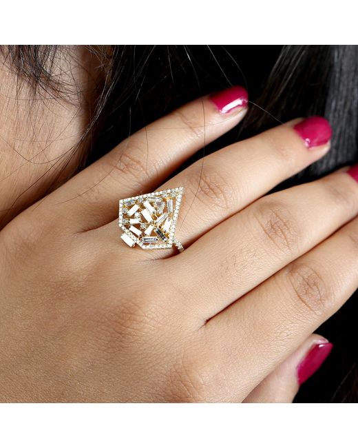 Artisan Metallic Yellow Gold Baguette Diamond Designer Ring Handmade Jewelry