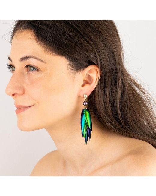 Oana Savu Green Beetle Wings Metallic Earrings Peacock Freshwater Pearls Drop Ear Studs