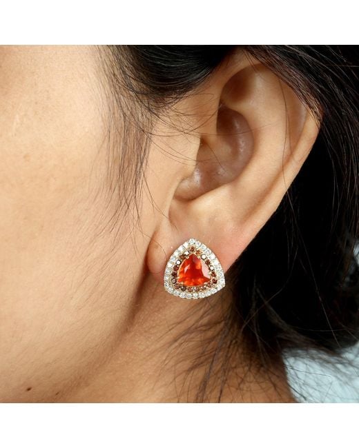 Artisan Orange Fire Opal & Diamond Stud Earrings