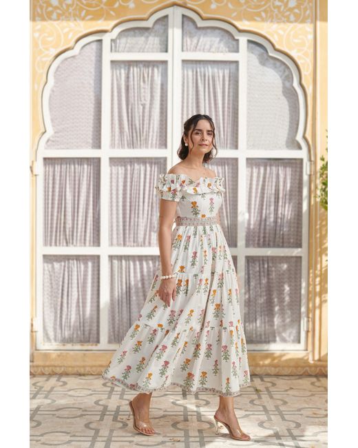Echo of Pink White Isla Hand Block Print Offshoulder Cotton Maxi Dress