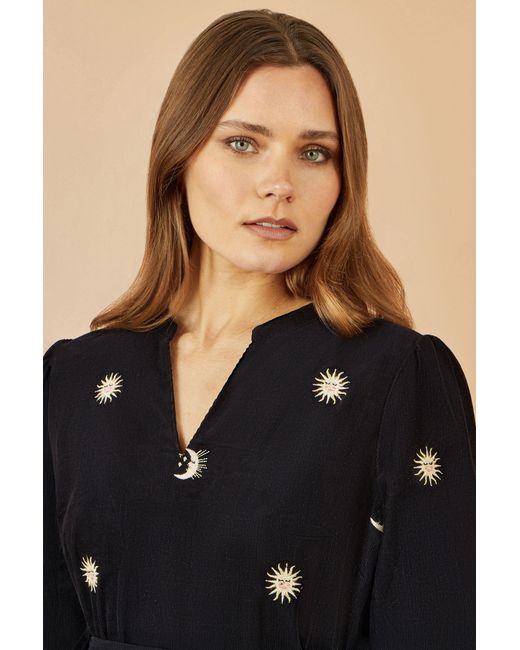 Yumi' Black Cosmic Embroidery Cord Midi Shirt Dress