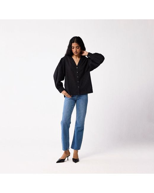 REISTOR Black Embroidered Shirt With Long Balloon Sleeves
