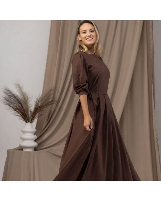 Nikka Place Brown Maxi Linen A-Line Dress With Bishop Sleeves And Pockets