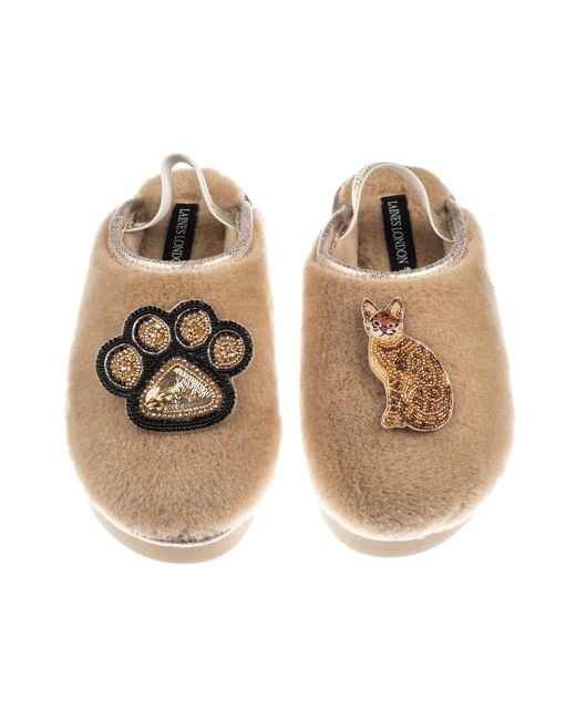 Laines London Multicolor Neutrals Flatform Cloud Slippers With Bengal Cat & Paw Brooches