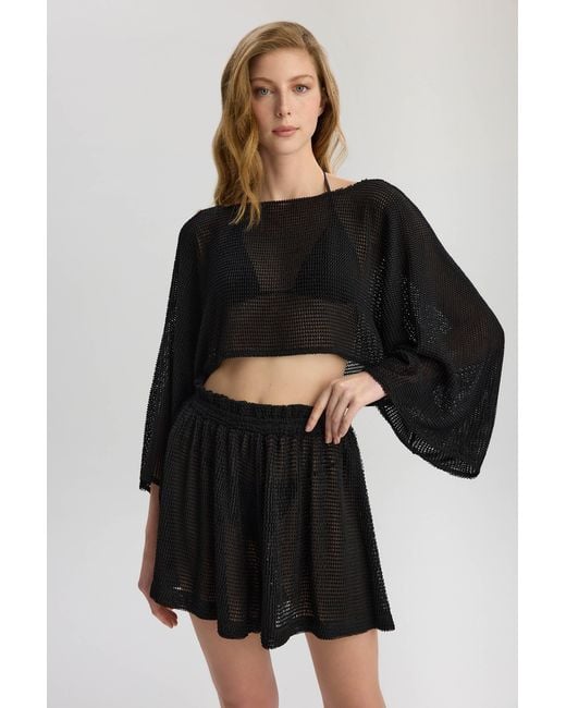 Lilamie Black Carmen Loose Fit Long Sleeve Beach Blouse