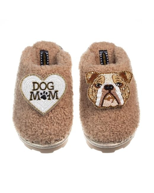 Laines London Natural Teddy Closed Toe Slippers With Mr Beefy & Dog Mum Mom Brooches