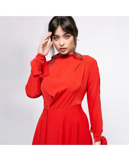 Larisa Dragna Red Poppy Pleated Asymmetric Dress
