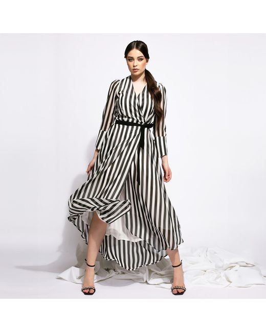 Larisa Dragna Black Monochrome Stripes Asymmetric Wrap Dress