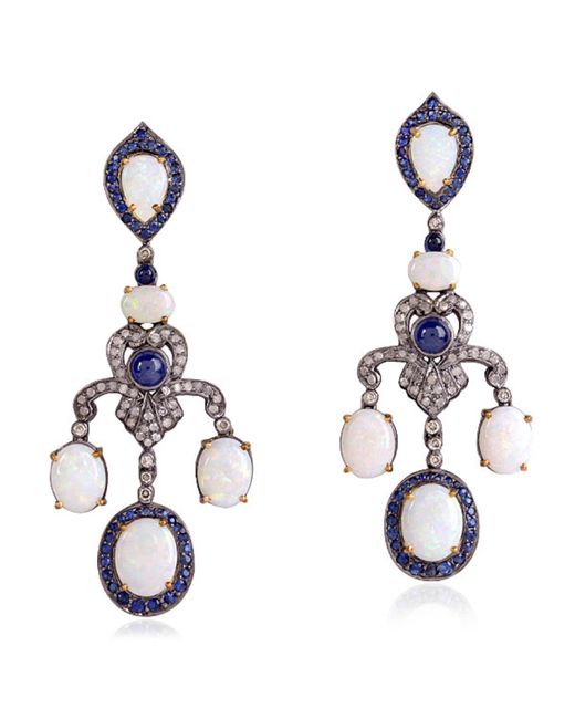 Artisan Blue Sapphire & Opal Pave Diamond Dangle Earrings With 18k Gold In 925 Sterling Silver Designer