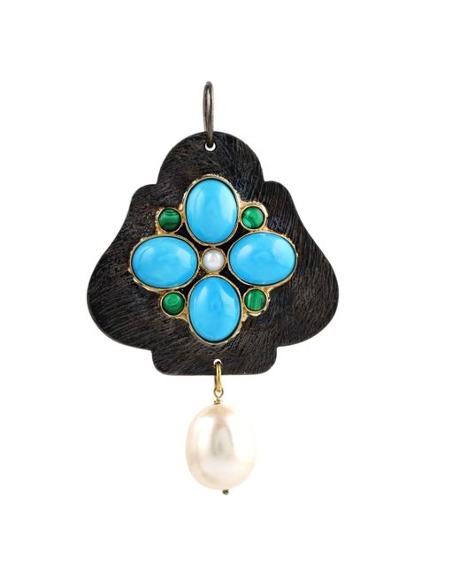 Artisan Blue Beautiful Pearl Chiness & Oval Cut Turquoise With Multi Stone In 18k Gold 925 Silver Pendant