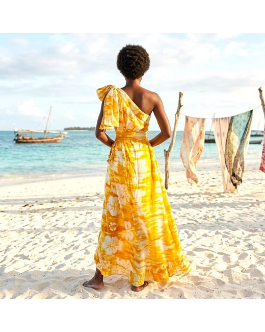 Nyny Ryke Yellow Wilma, One-Shoulder Batik Maxi Dress Floral Summer Dress