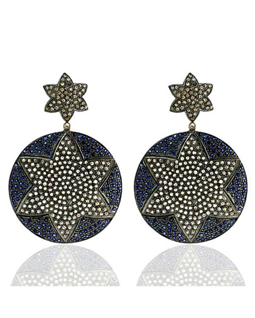 Artisan Multicolor Blue Sapphire & Pave Diamond In 18k Gold Sterling Silver Star Design Dangle Earrings