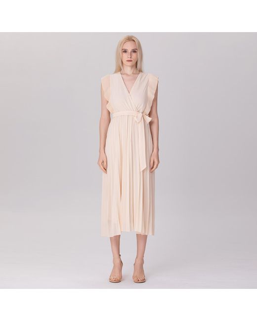 Smart and Joy Natural Neutrals Pleats Ruffle Wrap Effect Dress
